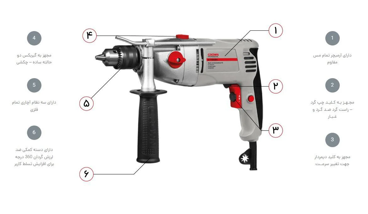 دریل گیربکسی 13 میلی متر سه نظام آچاری 1050 وات کرون CT10034